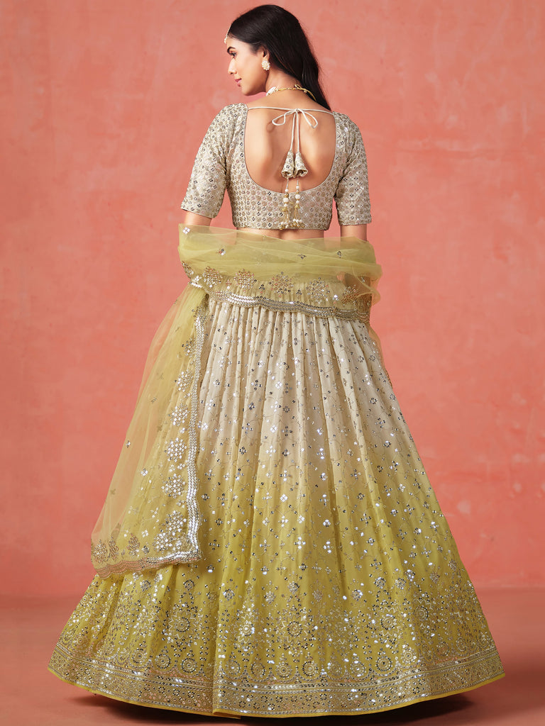 Sparkling Yellow Sequins Georgette Wedding Wear Plus Size Lehenga Choli