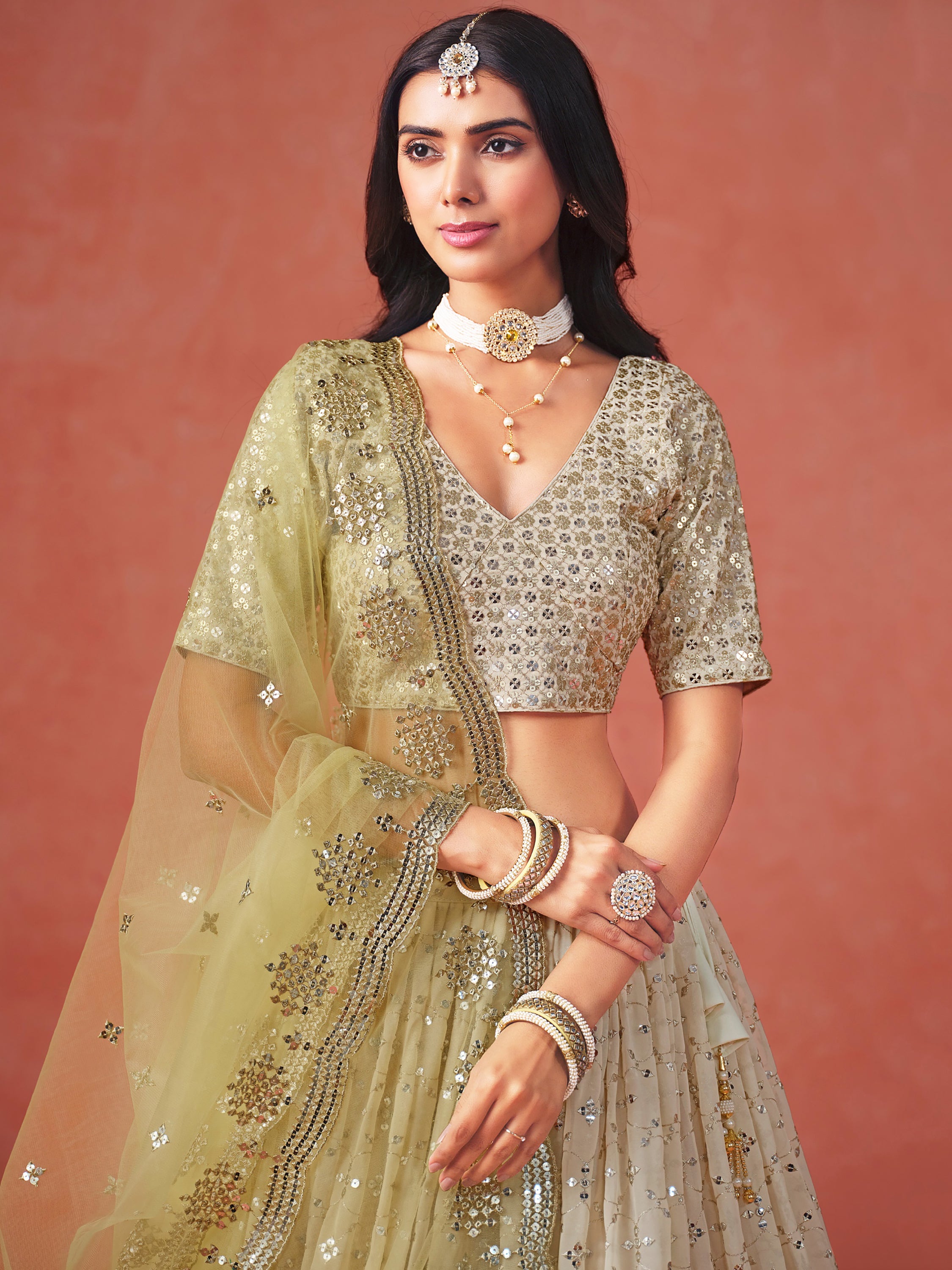 Sparkling Yellow Sequins Georgette Wedding Wear Plus Size Lehenga Choli
