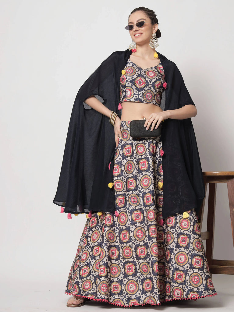 Adorable Navy Blue Printed Silk Party Wear Lehenga Choli With Shrug