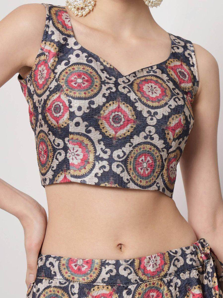 Adorable Navy Blue Printed Silk Party Wear Lehenga Choli With Shrug