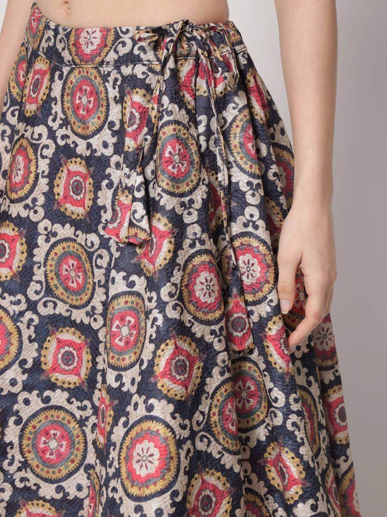 Adorable Navy Blue Printed Silk Party Wear Lehenga Choli With Shrug