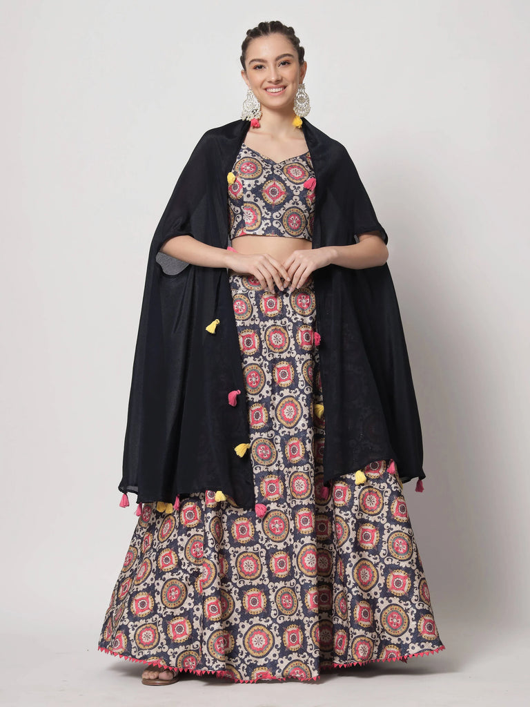 Adorable Navy Blue Printed Silk Party Wear Lehenga Choli With Shrug