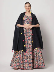 Adorable Navy Blue Printed Silk Party Wear Lehenga Choli With Shrug