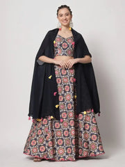 Adorable Navy Blue Printed Silk Party Wear Lehenga Choli With Shrug