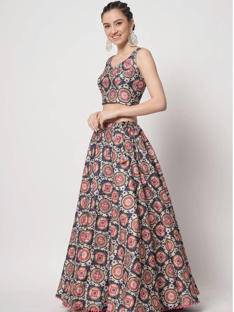 Adorable Navy Blue Printed Silk Party Wear Lehenga Choli With Shrug