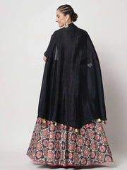Adorable Navy Blue Printed Silk Party Wear Lehenga Choli With Shrug