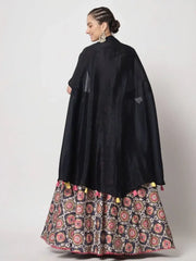 Adorable Navy Blue Printed Silk Party Wear Lehenga Choli With Shrug