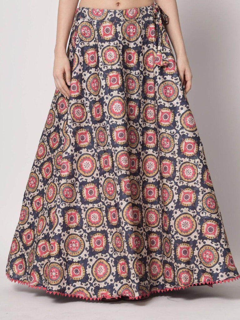 Adorable Navy Blue Printed Silk Party Wear Lehenga Choli With Shrug