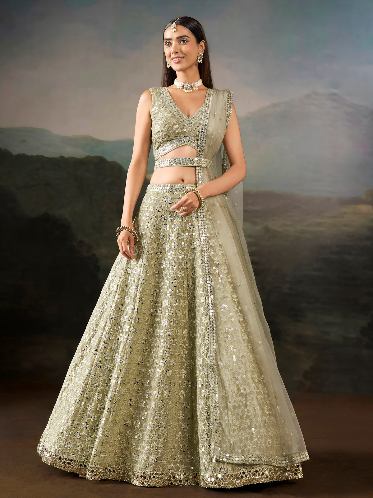 Glamours Green Sequins Georgette Mehendi Wear Lehenga Choli