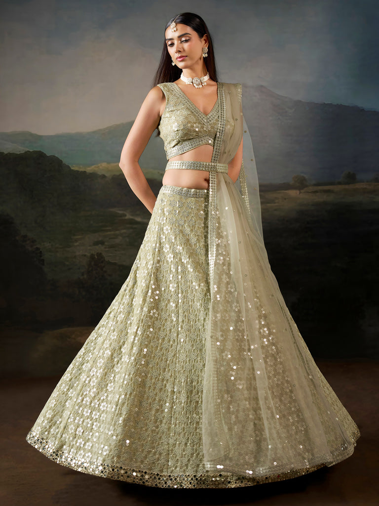 Glamours Green Sequins Georgette Mehendi Wear Lehenga Choli