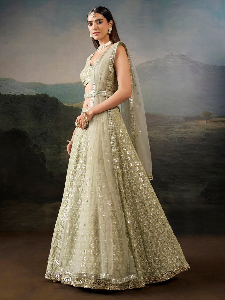Glamours Green Sequins Georgette Mehendi Wear Lehenga Choli