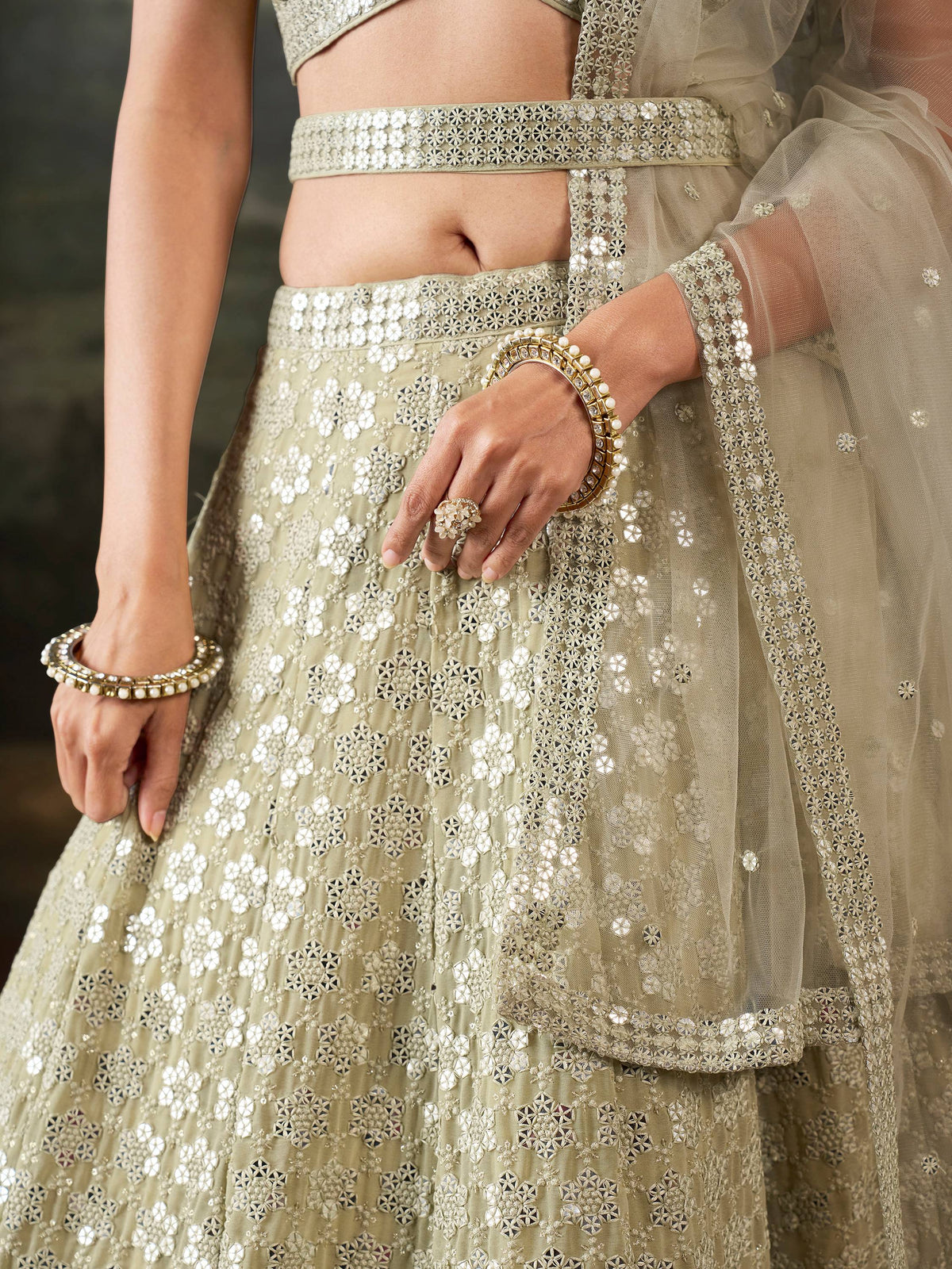 Glamours Green Sequins Georgette Mehendi Wear Lehenga Choli