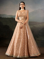 Stylish Peach Thread Work Georgette Bridesmaid Lehenga Choli With Dupatta