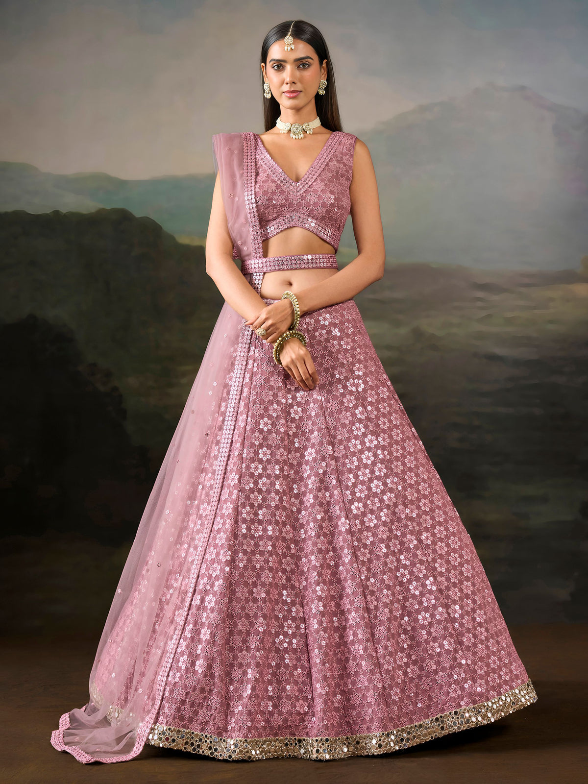 Elegant Pink Mirror Laced Georgette Sangeet Wear Lehenga With Blouse