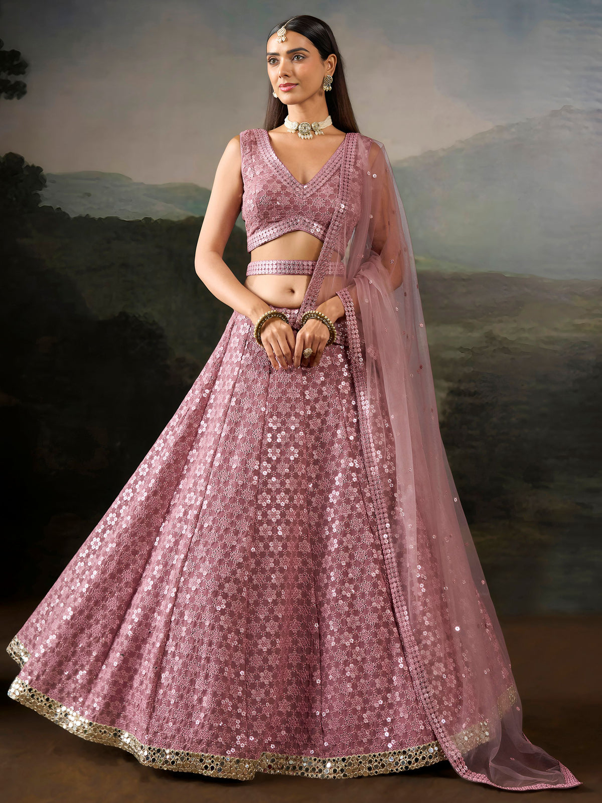 Elegant Pink Mirror Laced Georgette Sangeet Wear Lehenga With Blouse