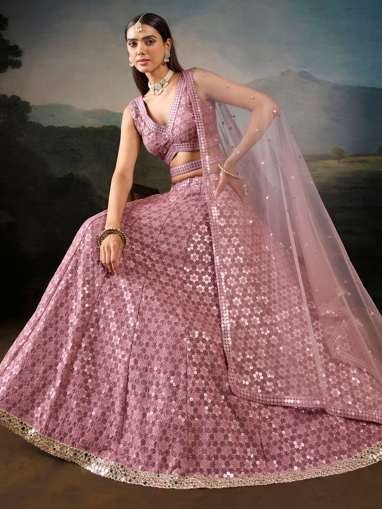 Elegant Pink Mirror Laced Georgette Sangeet Wear Lehenga With Blouse