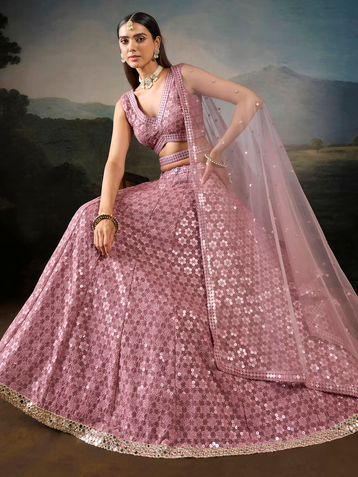 Elegant Pink Mirror Laced Georgette Sangeet Wear Lehenga With Blouse