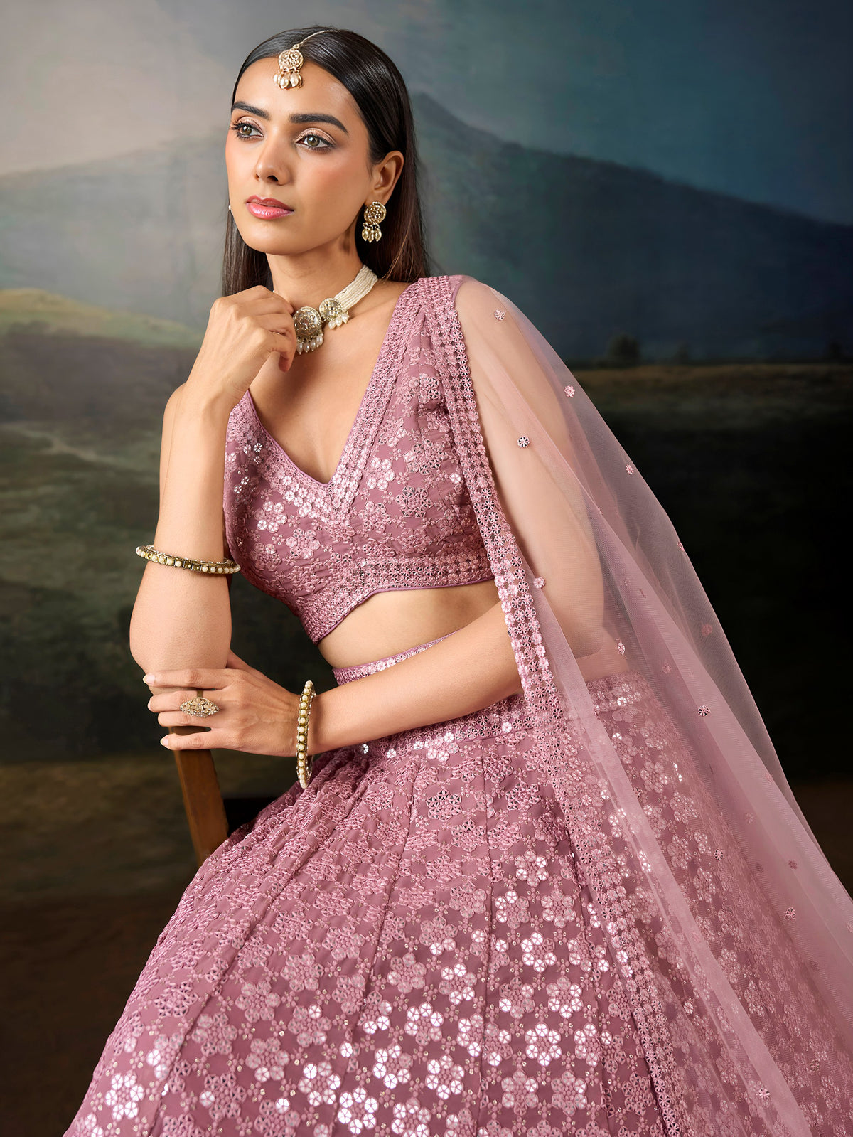 Elegant Pink Mirror Laced Georgette Sangeet Wear Lehenga With Blouse