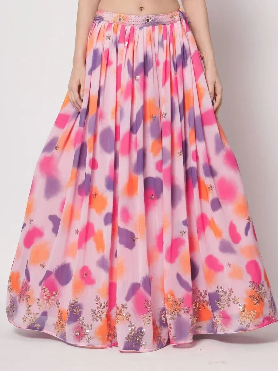 Colorful floral print lehenga skirt with gold embroidery, perfect for Indian ethnic wear