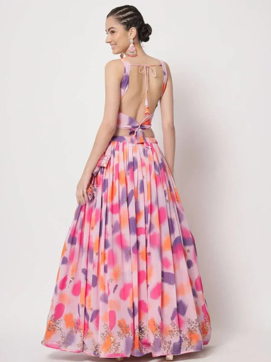 Pink purple floral lehenga choli with back tie and sequin detailing, ethnic Indian wear