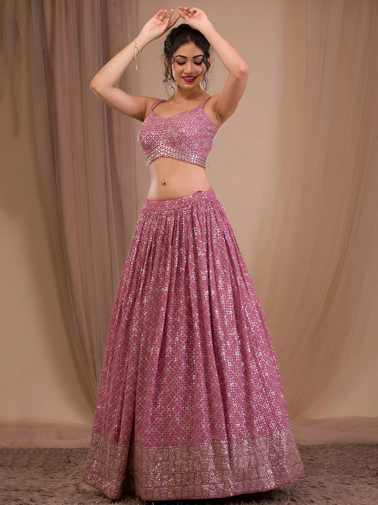 Alluring Pink Sequins Georgette Engagement Wear Lehenga Choli