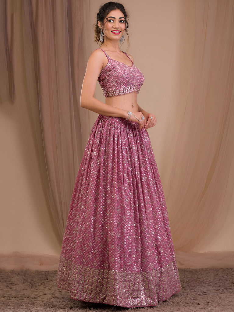 Alluring Pink Sequins Georgette Engagement Wear Lehenga Choli