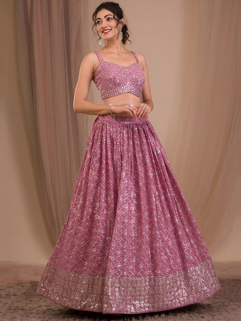 Alluring Pink Sequins Georgette Engagement Wear Lehenga Choli