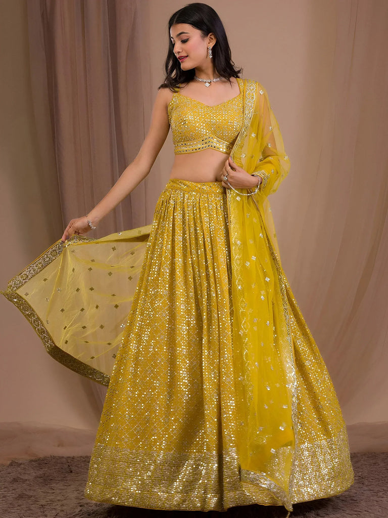 Fascinating Yellow Sequins Georgette Haldi Wear Lehenga Choli