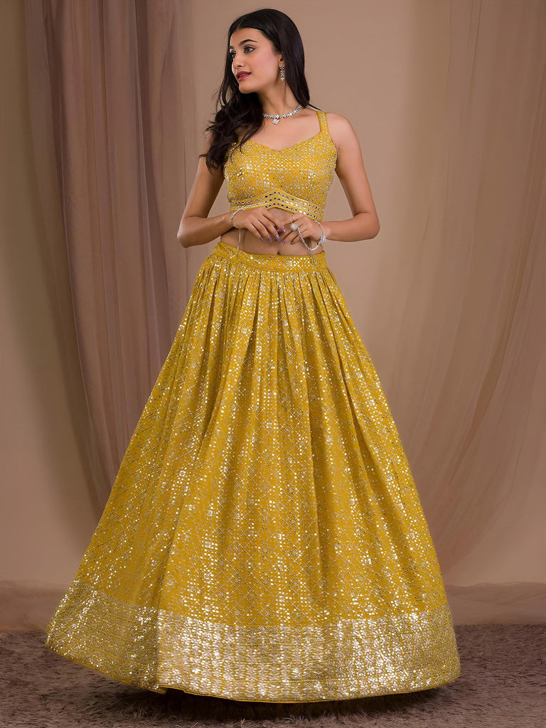 Fascinating Yellow Sequins Georgette Haldi Wear Lehenga Choli