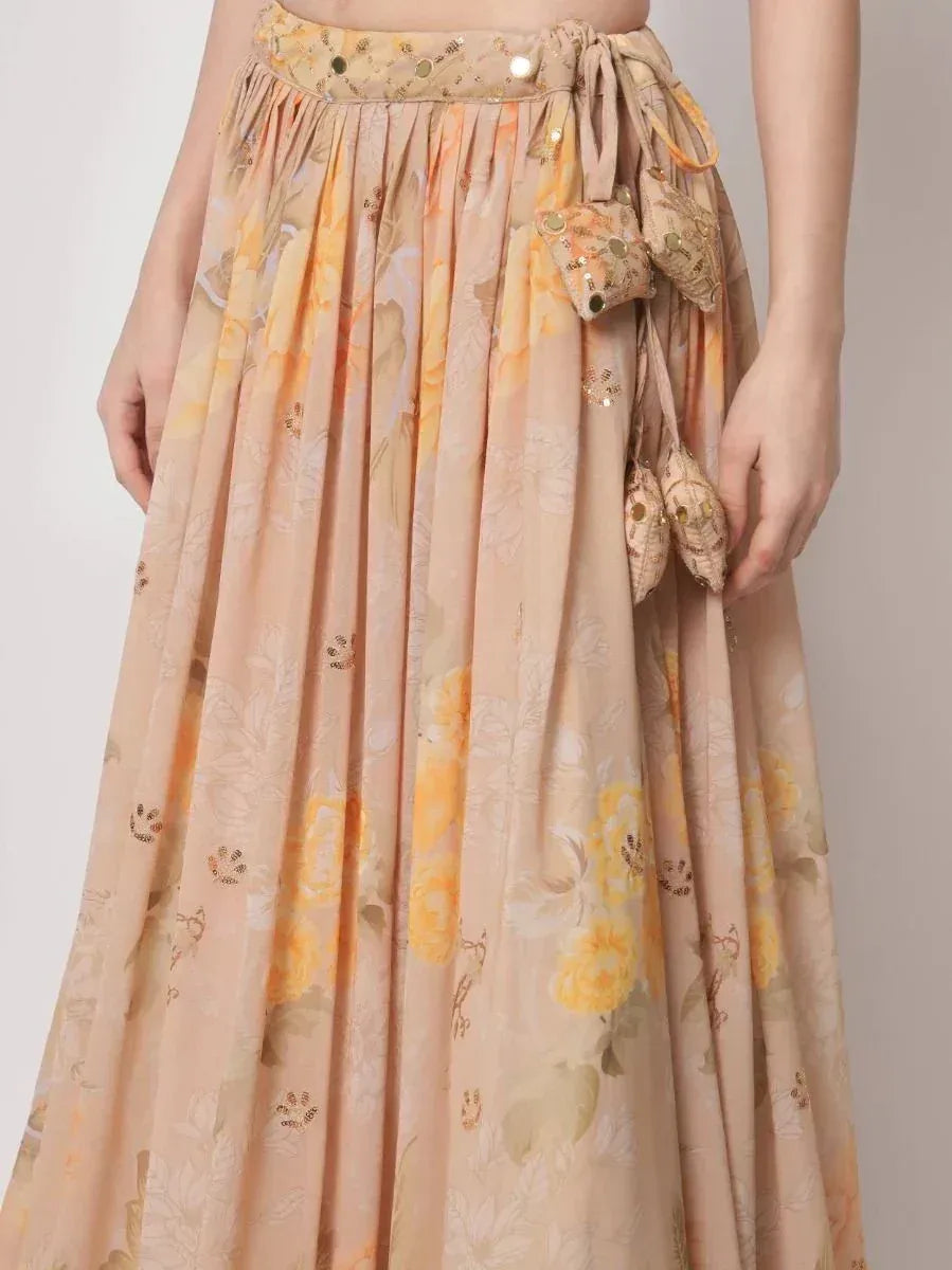 Floral printed ethnic lehenga skirt with sequin embellishments and tassel details