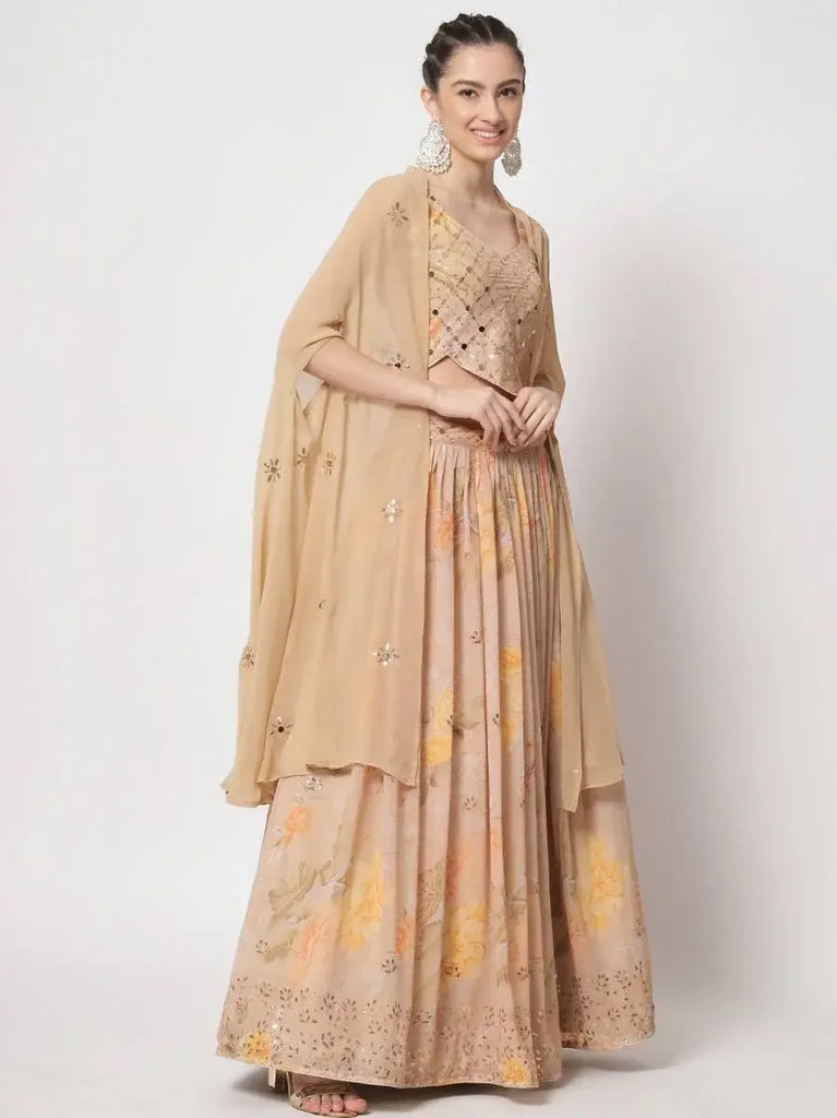 Alluring Beige Floral Print Georgette Festive Lehenga With Shrug