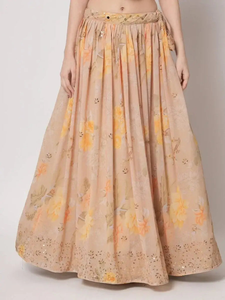 Alluring Beige Floral Print Georgette Festive Lehenga With Shrug