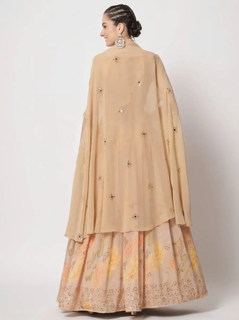 Alluring Beige Floral Print Georgette Festive Lehenga With Shrug