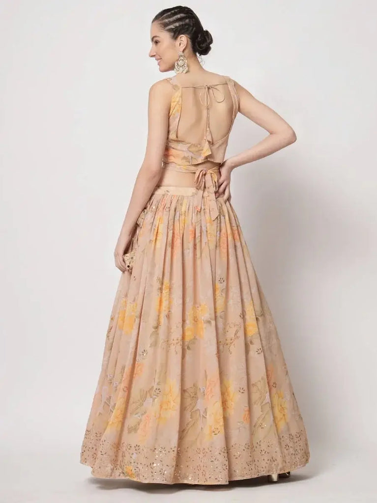 Alluring Beige Floral Print Georgette Festive Lehenga With Shrug