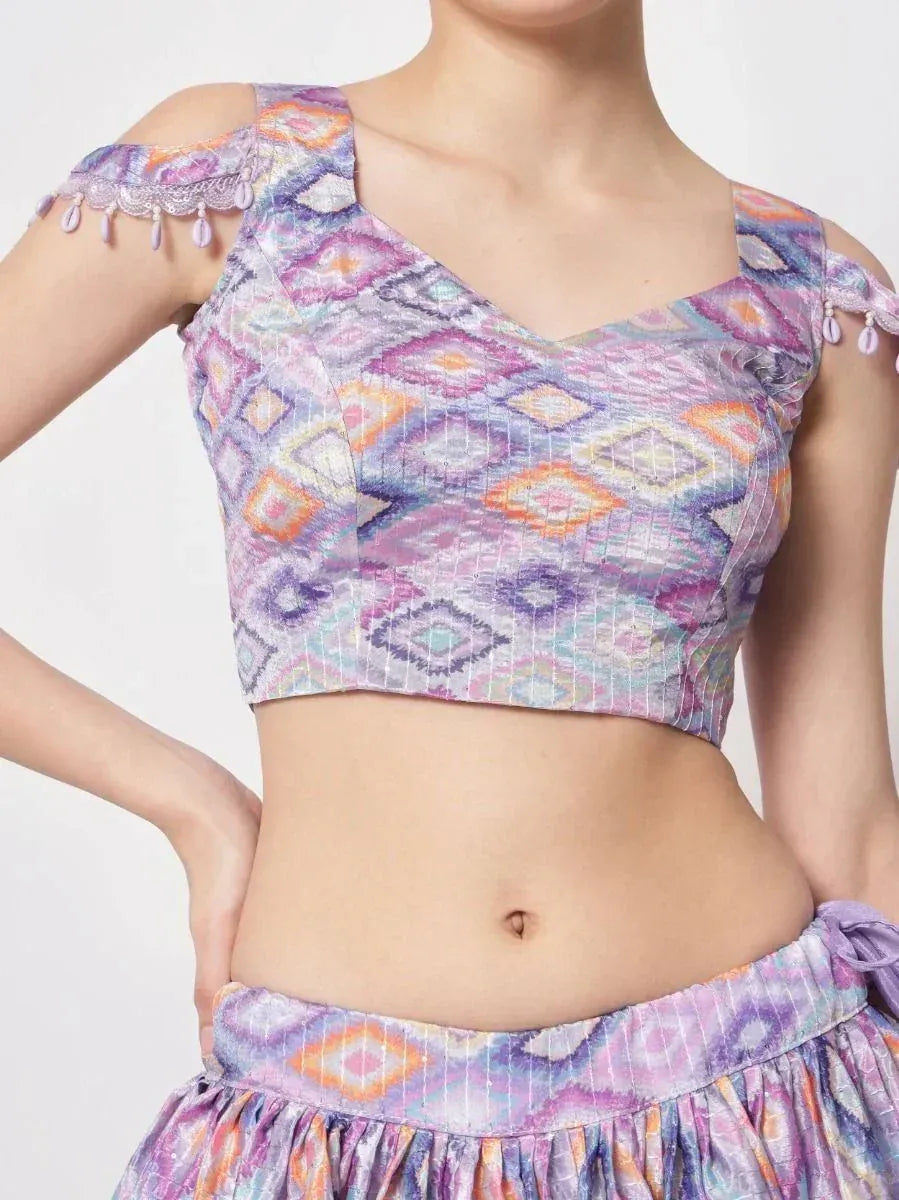 Purple geometric print cold shoulder crop top with tassels, ethnic wear for women
