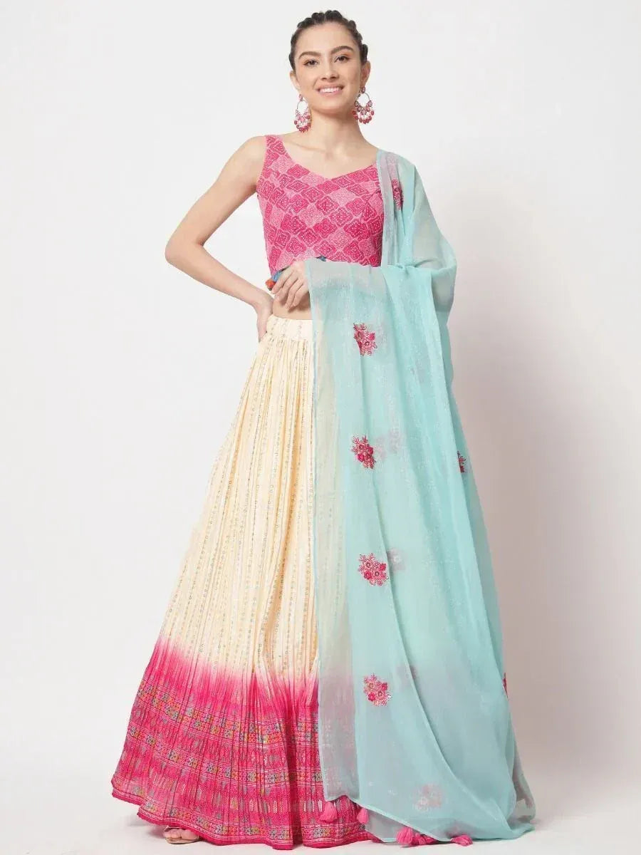Pink and cream lehenga choli with floral dupatta, Indian ethnic wear for women