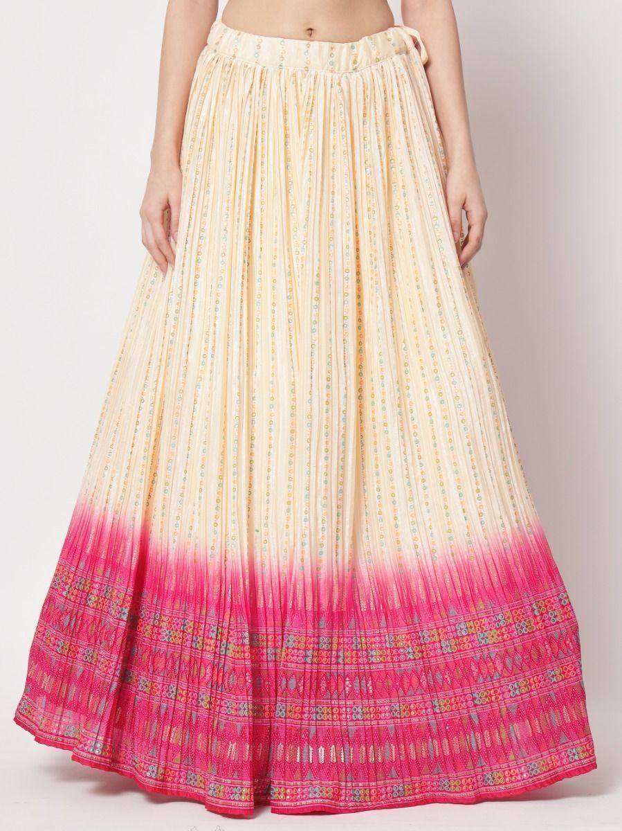 Cream and pink ombre pleated ethnic skirt with printed border, perfect for lehenga choli or saree styling
