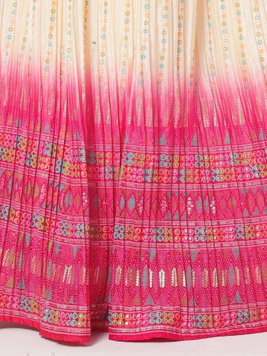 Pink ombre lehenga with intricate embroidery and pleated design, perfect for ethnic wear occasions.