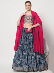 Incredible Navy Blue Digital Printed Silk Lehenga Choli With Shrug