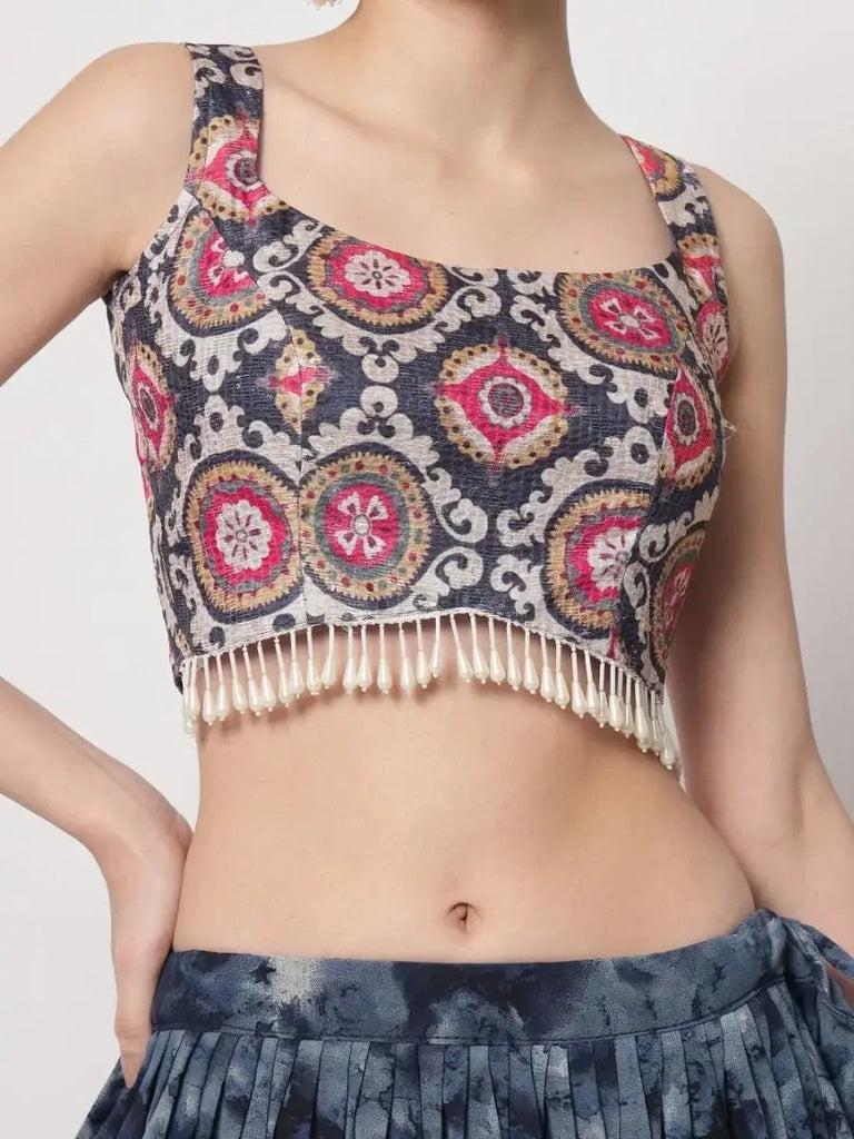 Incredible Navy Blue Digital Printed Silk Lehenga Choli With Shrug