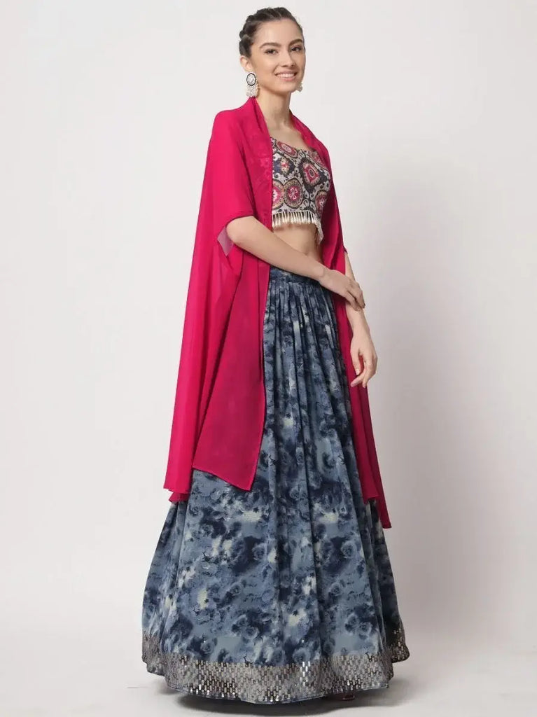 Incredible Navy Blue Digital Printed Silk Lehenga Choli With Shrug