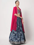 Incredible Navy Blue Digital Printed Silk Lehenga Choli With Shrug
