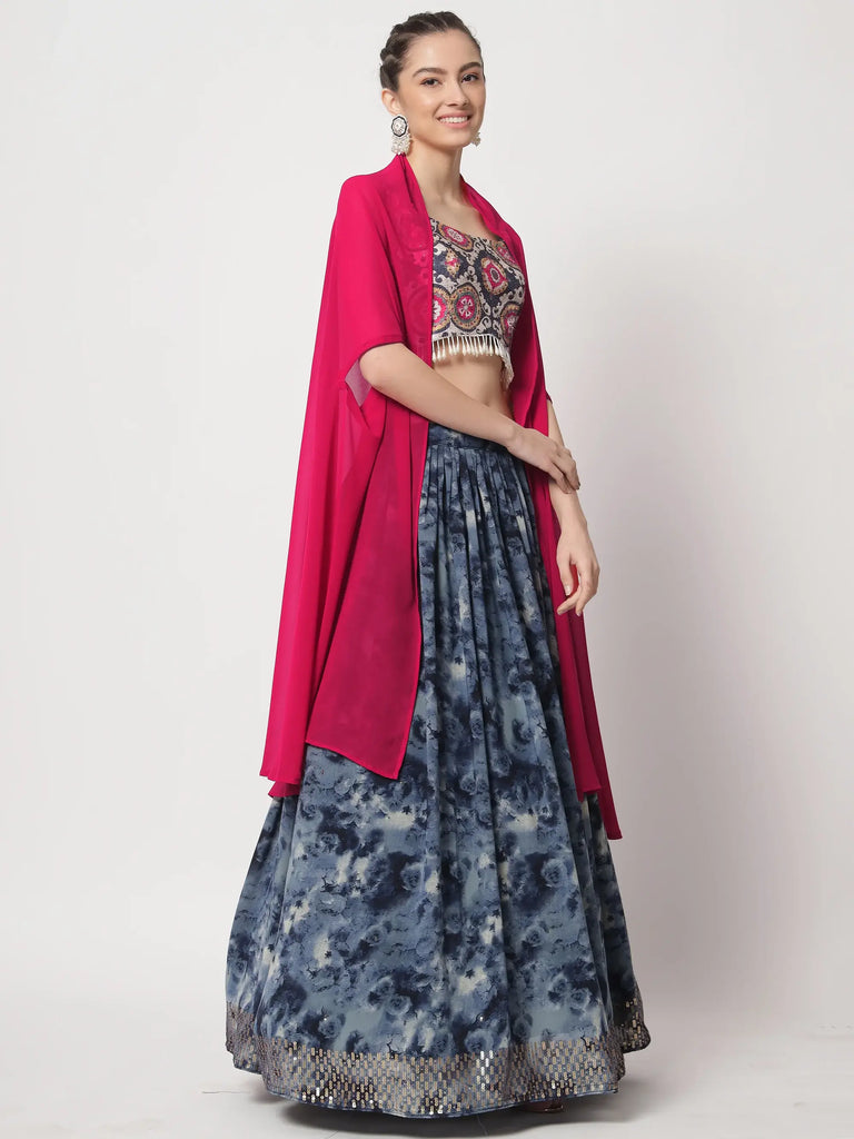Incredible Navy Blue Digital Printed Silk Lehenga Choli With Shrug