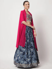 Incredible Navy Blue Digital Printed Silk Lehenga Choli With Shrug