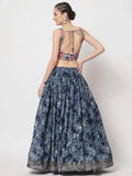 Incredible Navy Blue Digital Printed Silk Lehenga Choli With Shrug