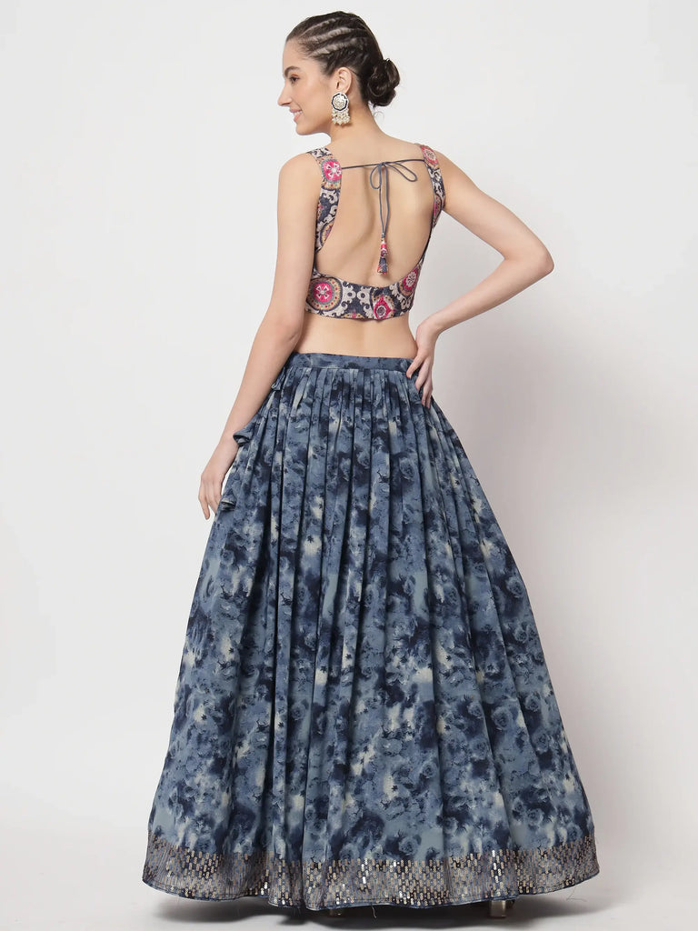 Incredible Navy Blue Digital Printed Silk Lehenga Choli With Shrug