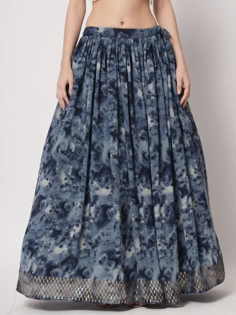 Incredible Navy Blue Digital Printed Silk Lehenga Choli With Shrug