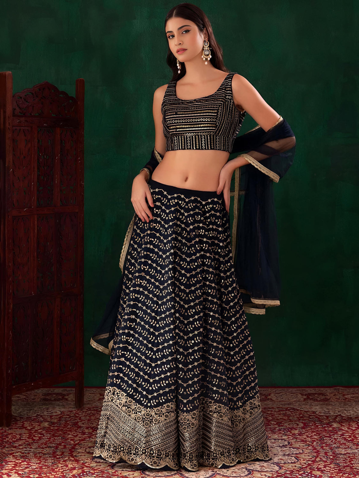 Charming Navy Blue Sequins Georgette Party Wear Lehenga Choli