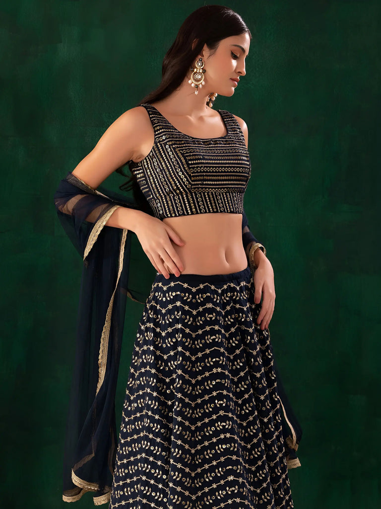 Charming Navy Blue Sequins Georgette Party Wear Lehenga Choli