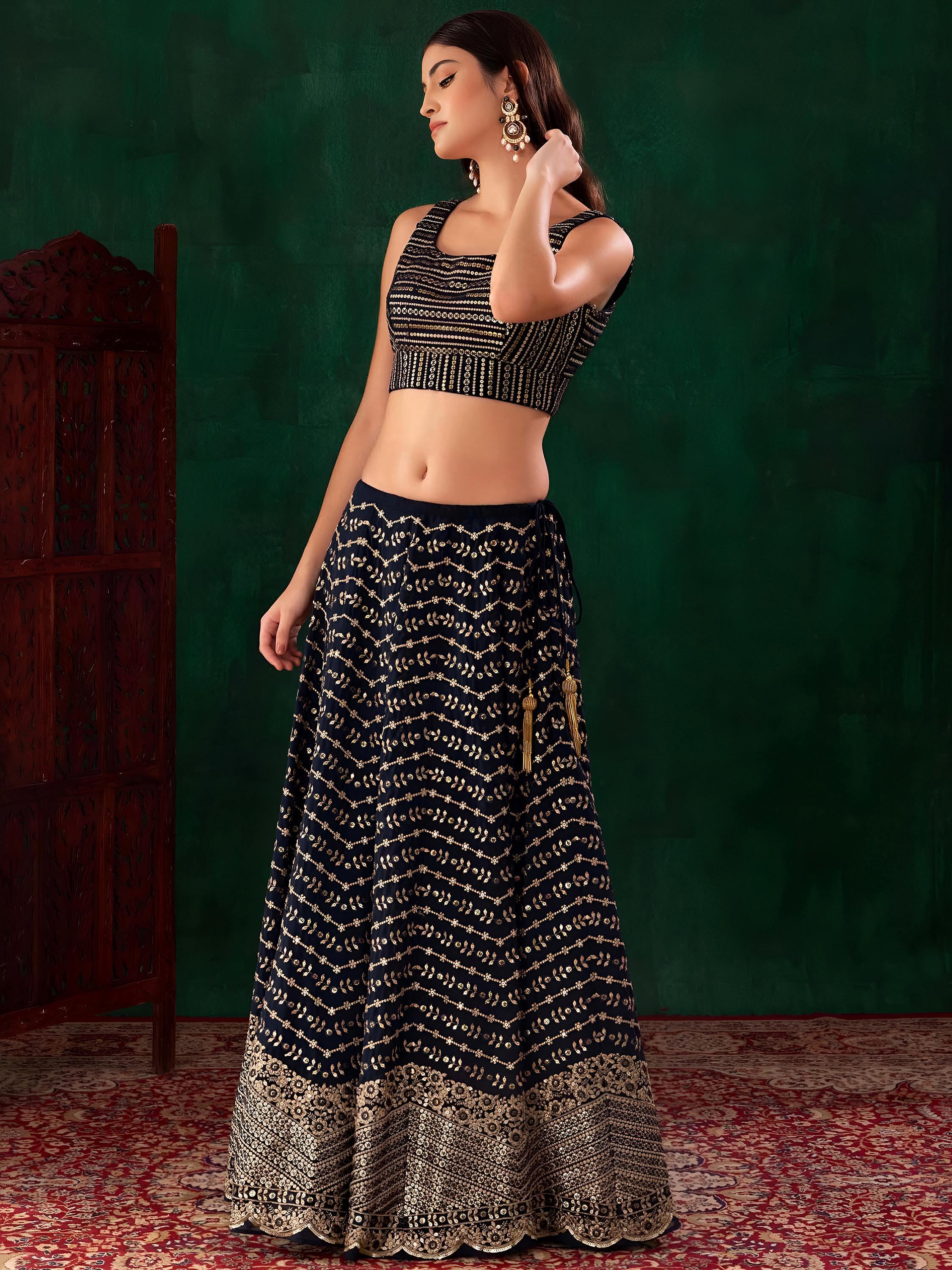 Charming Navy Blue Sequins Georgette Party Wear Lehenga Choli